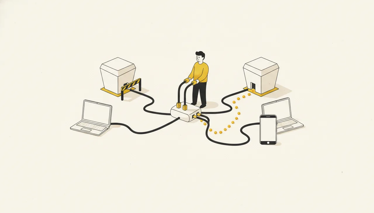 Настройки DNS: человек подключает основной и резервный серверы, обходя перекрытый путь к ноутбуку и смартфону