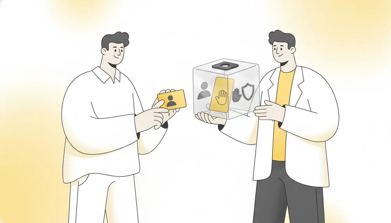 Сотрудник помещает карточку посетителя в прозрачный футляр с замком: защита данных укрепляет доверие к сайту