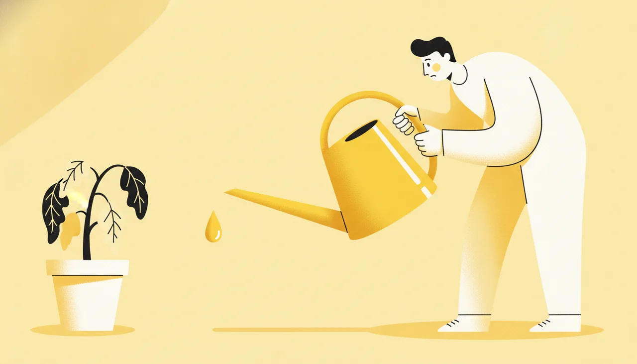 Человек наклоняет лейку с запаянным носиком над поникшим растением — метафора качества контента без пользы