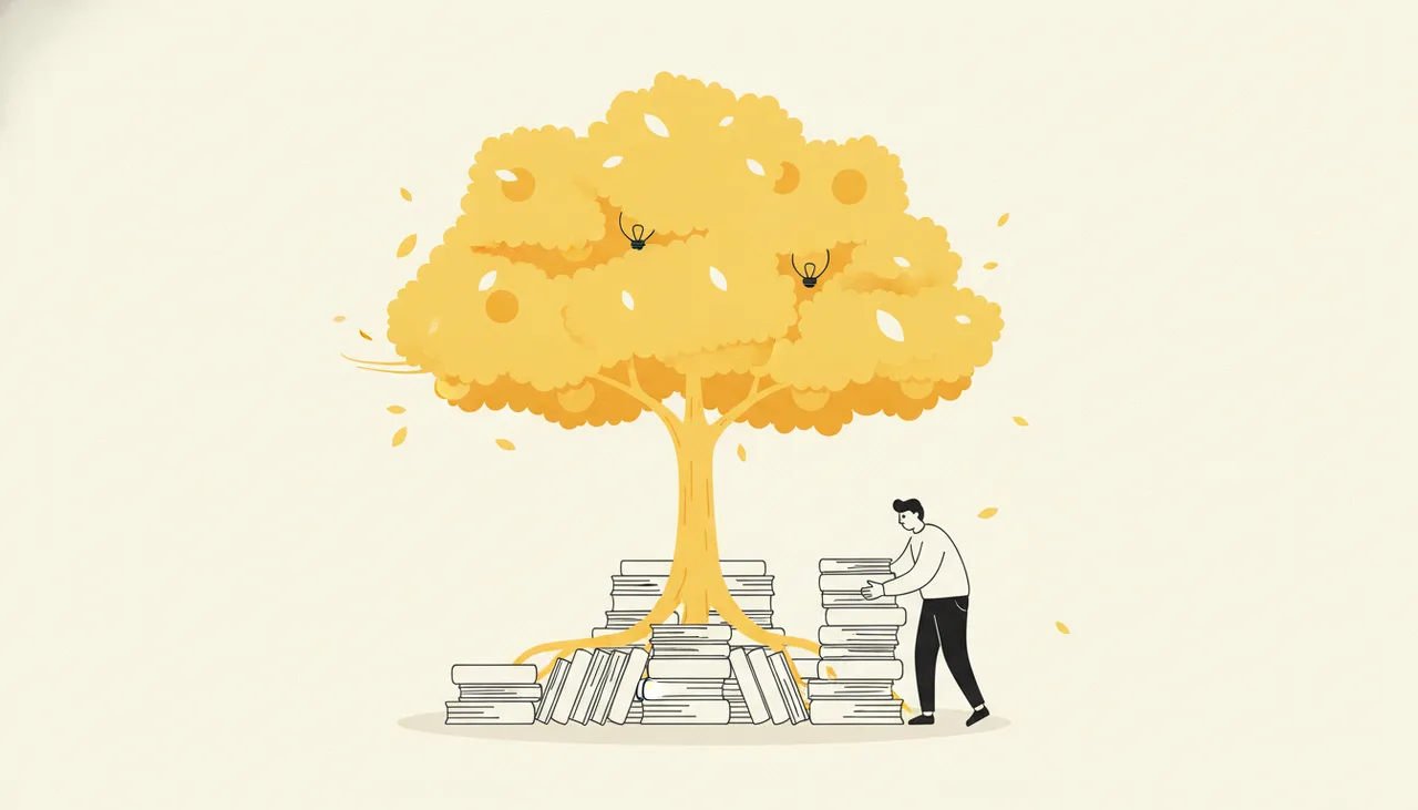 LSI копирайтинг: человек укладывает белые книги в корни устойчивого жёлтого дерева с густой кроной и плодами