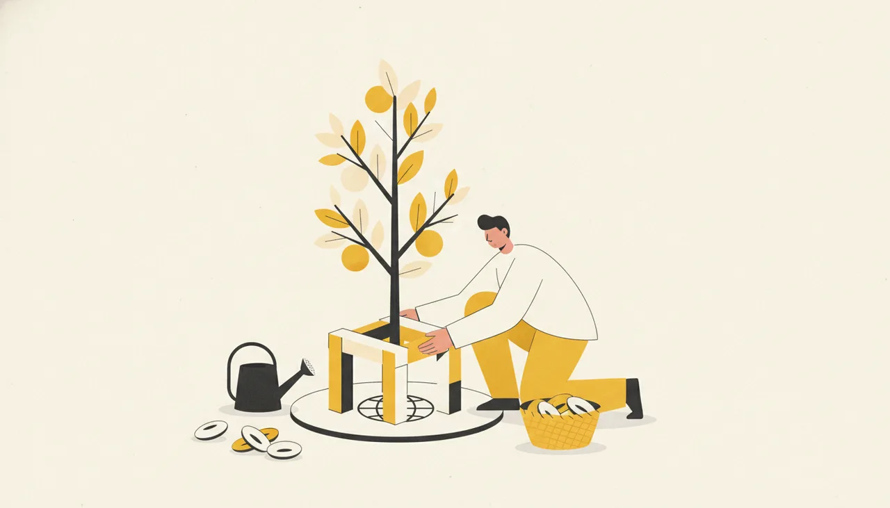 Монетизация цифрового актива: человек укрепляет плодовое дерево, с ветки которого диски-плоды падают в корзину