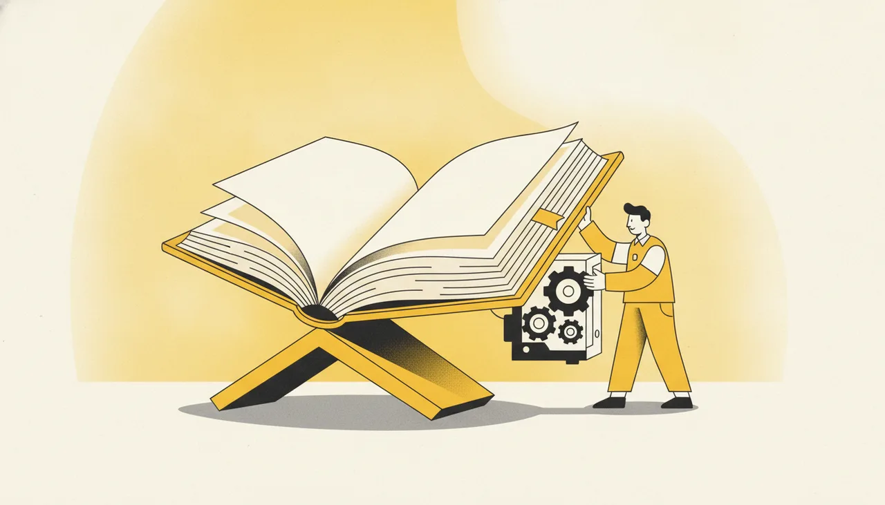 Мастер крепит модуль с шестерёнкой к раскрытой книге — метафора подключения виджетов к готовому сайту
