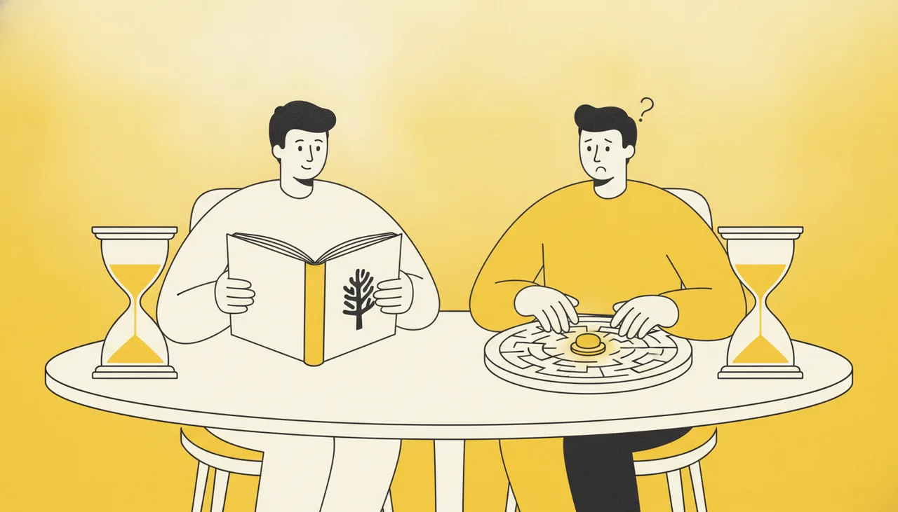 Поведенческие факторы ранжирования: один человек читает книгу, другой ищет кнопку в лабиринте при равных затратах времени