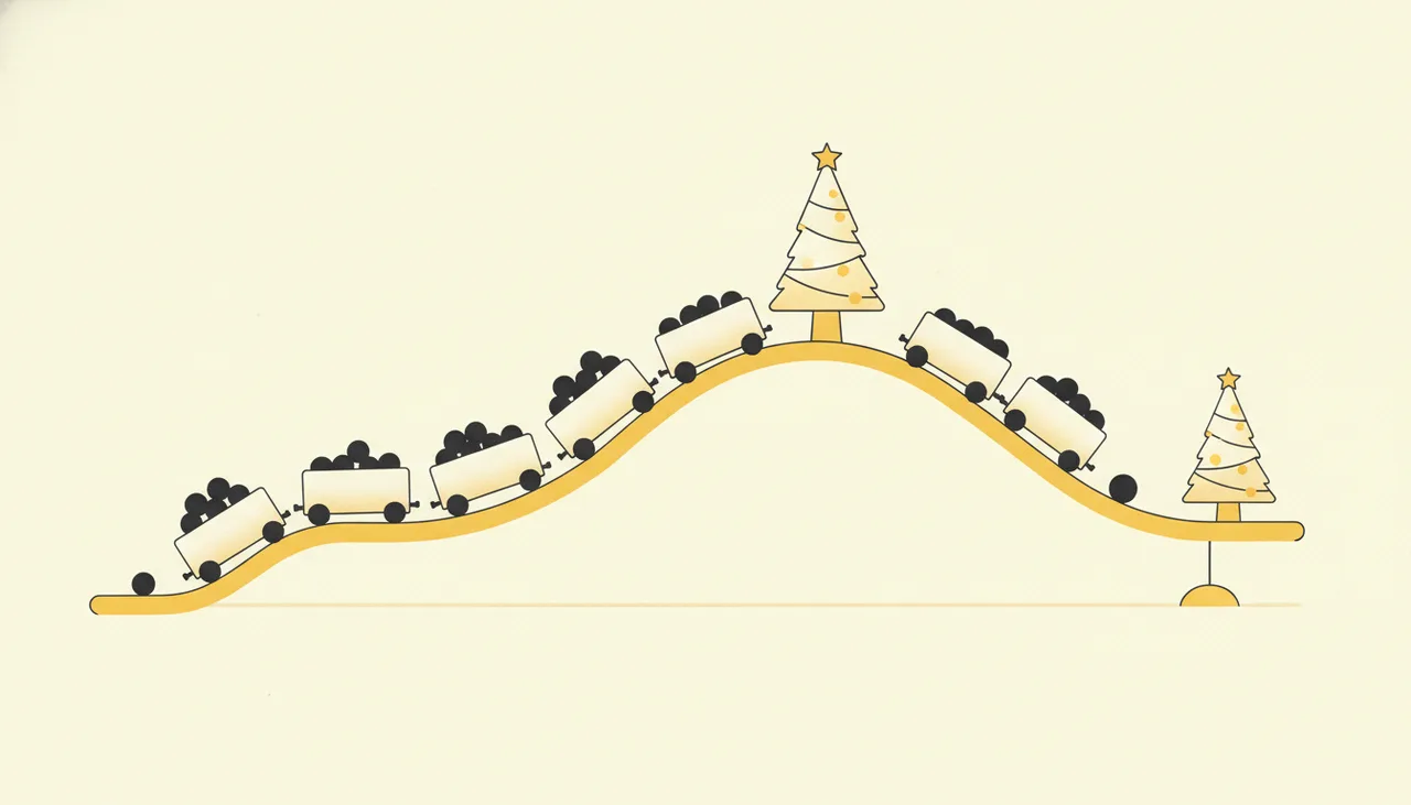 Прогноз трафика с учётом сезонности: игрушечный поезд на волнообразной колее с подъёмами возле ёлок