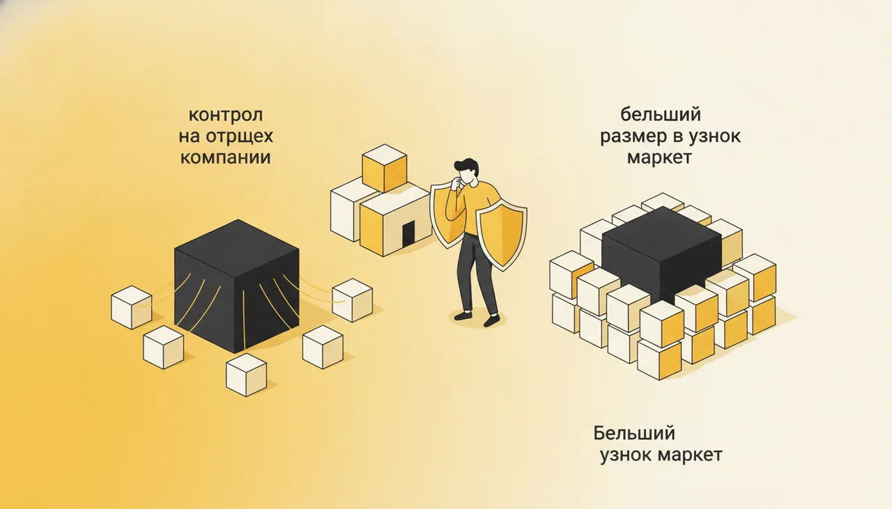Проверка на аффилированность компаний: человек сравнивает модели контроля и рыночного лидерства, выбирая защитный щит