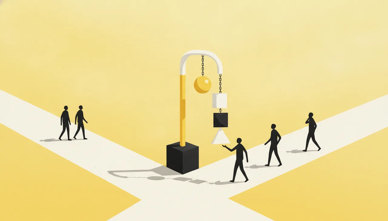 Люди подходят к яркой стойке на пересечении дорожек — метафора размещения квиза для бизнеса