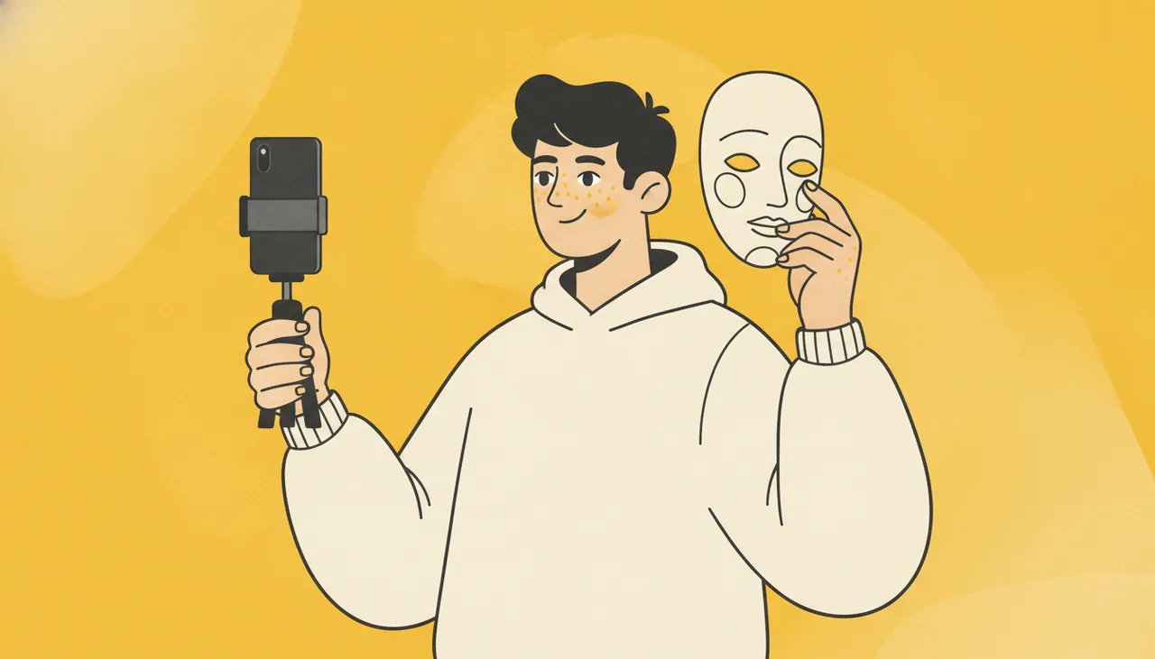 Человек снимает рилс на смартфон и отодвигает маску фильтра, показывая естественное лицо с веснушками