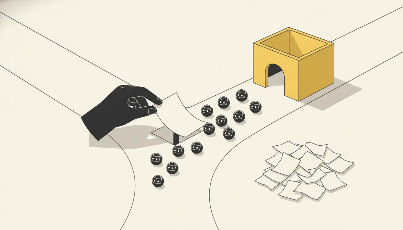Человек поворачивает лист-переключатель: robots.txt направляет роботов к магазину, закрывая путь к мусорным страницам