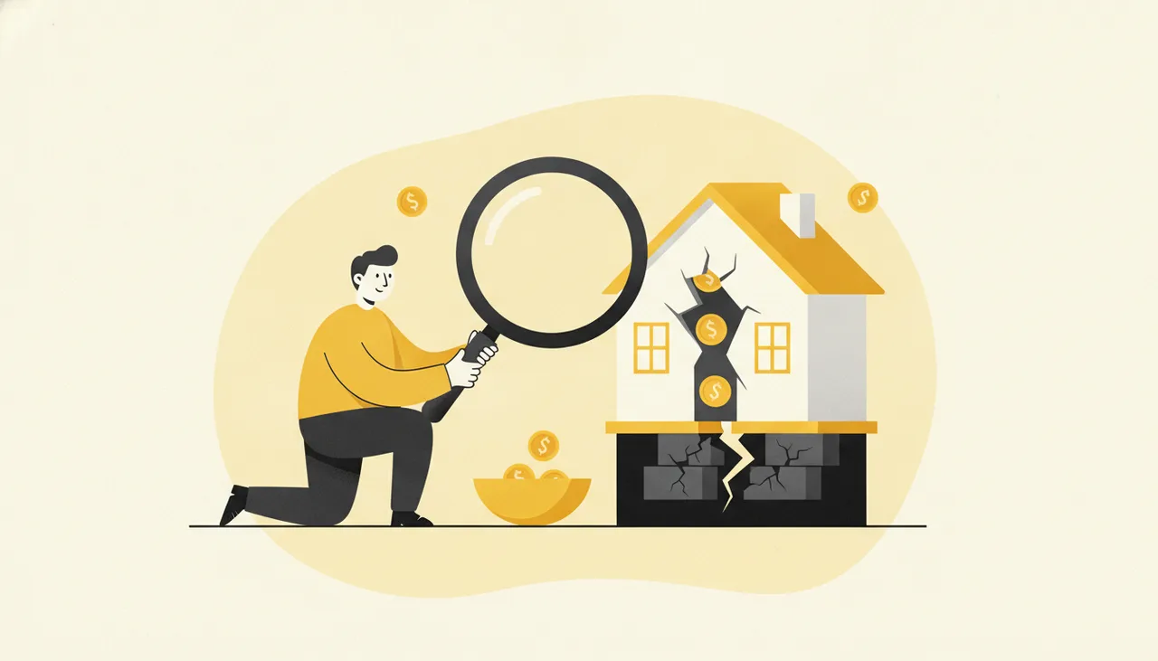 SEO аудит: специалист с лупой осматривает треснувший фундамент дома, через который теряются монеты