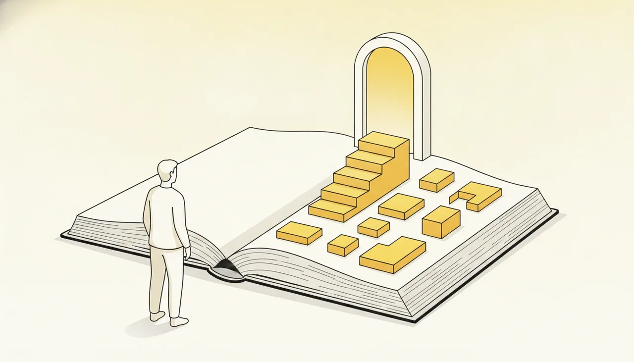 Внутренняя оптимизация сайта: человек у раскрытой книги с деталями лестницы, ведущей к открытой двери