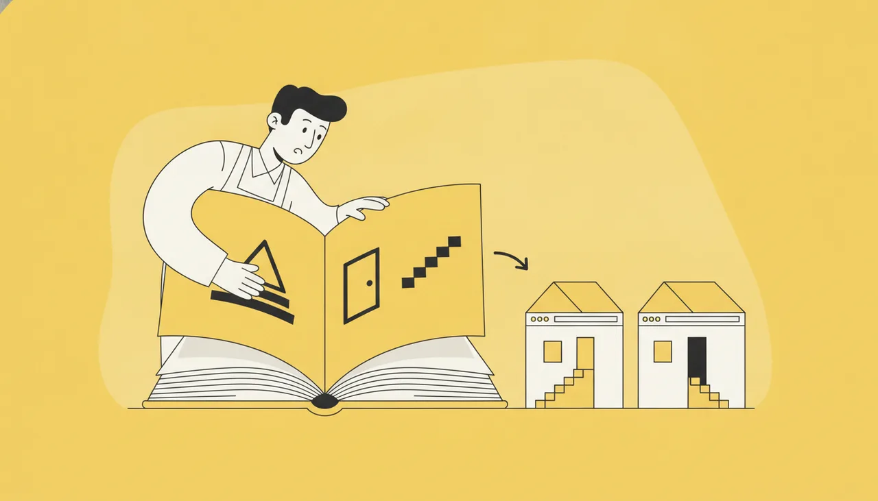 Будущий асессор Яндекса изучает книгу с критериями оценки и сравнивает два макета сайтов в виде домиков