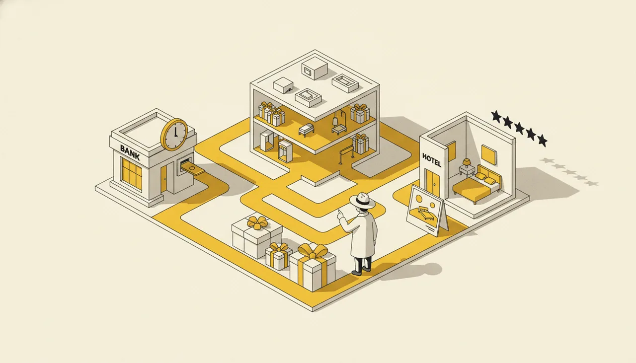 Путешественник изучает макет квартала с ТЦ, банком и отелем — возможности Яндекс Карт для выбора места